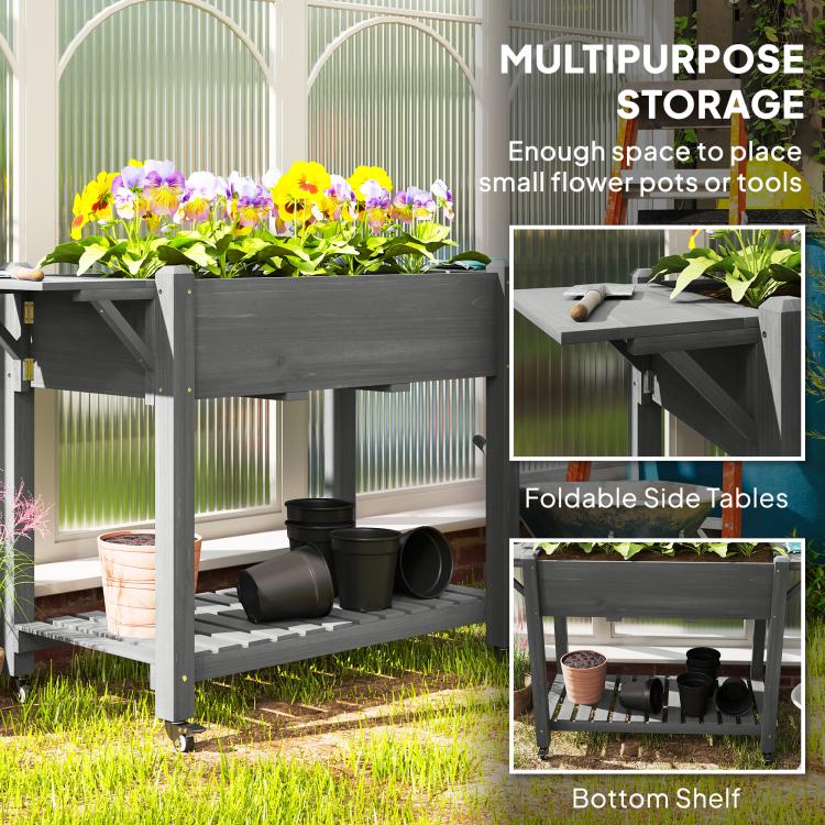 Gray raised planter box with flowers and two side tables, plus bottom shelf storage