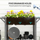 Raised planter box interior showing drainage holes above pots on bottom shelf