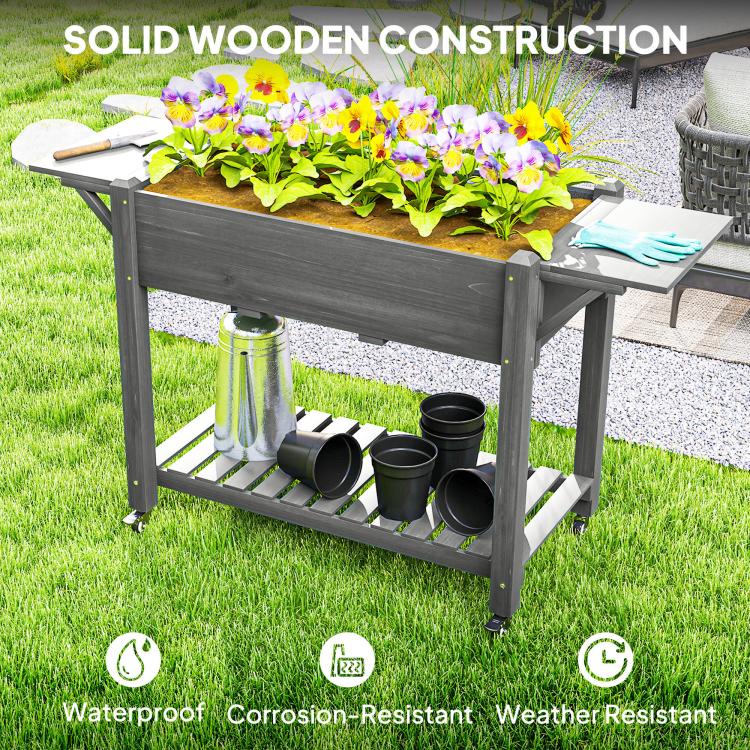 Gray wooden raised planter box with flowers, watering can, and bottom shelf on wheels