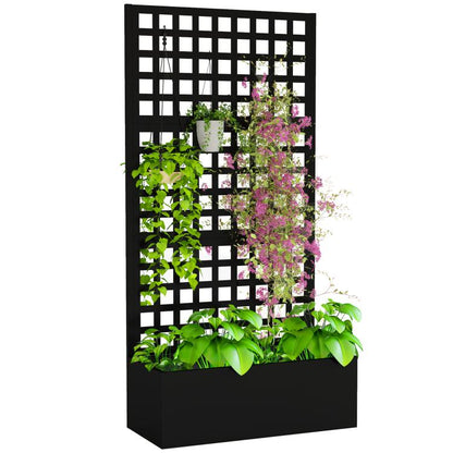 Black raised planter box with tall grid trellis and climbing flowers