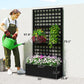 Black raised planter with tall trellis panel, shown with size measurements