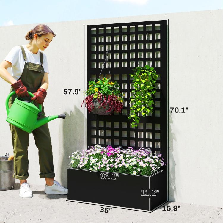 Black raised planter with tall trellis panel, shown with size measurements