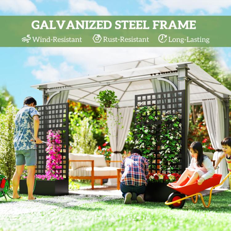 Black raised planter box with trellis frame for climbing plants