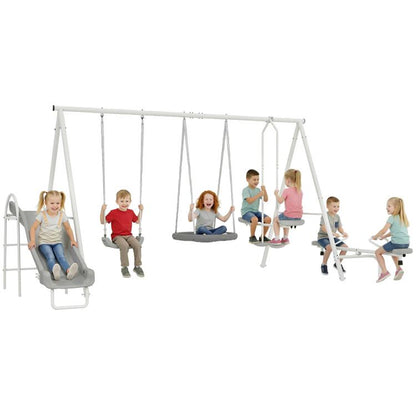 Kids swing set with gray saucer swing, traditional swings, and A-frame stand