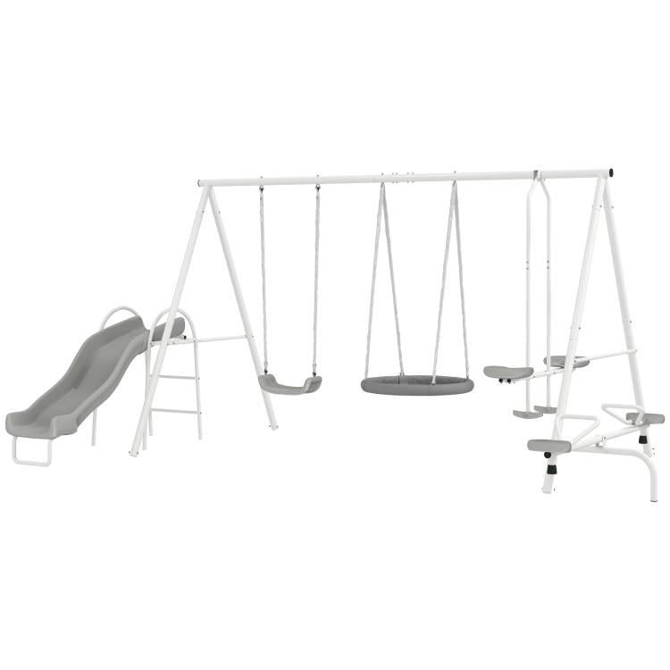 Multi-swing A-frame stand with gray saucer swing, seat swings, and glider piece