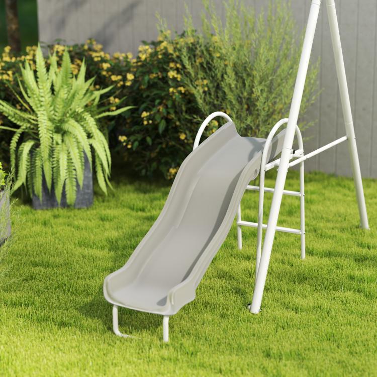 Gray saucer swing with white A-frame stand for kids outdoor play
