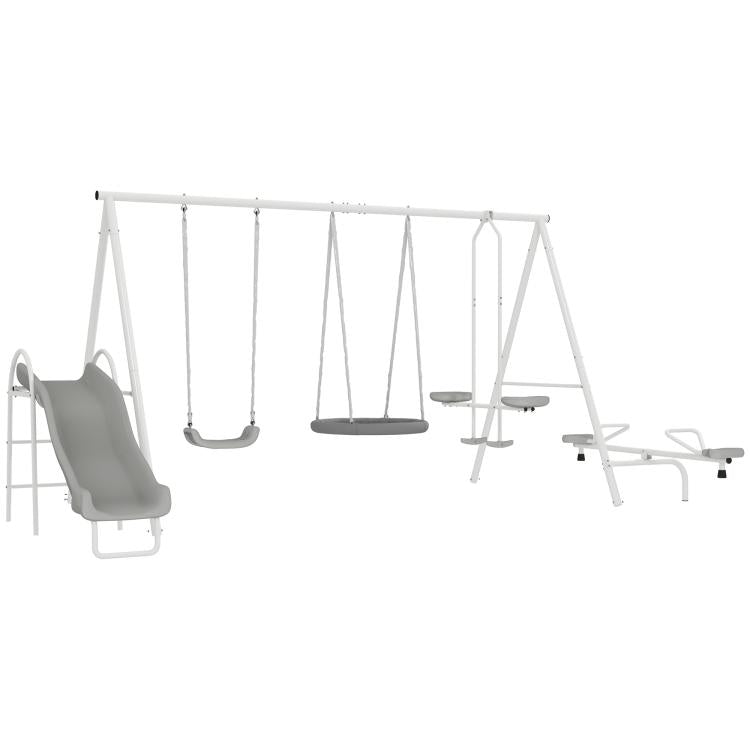 Kids swing set frame with gray swings, glider seat, and ladder-style support