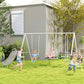 Kids swing set with gray saucer swing, swing seats, and slide attached to A-frame