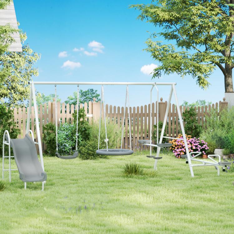 Outdoor kids swing set with gray swing seats and glider on A-frame stand