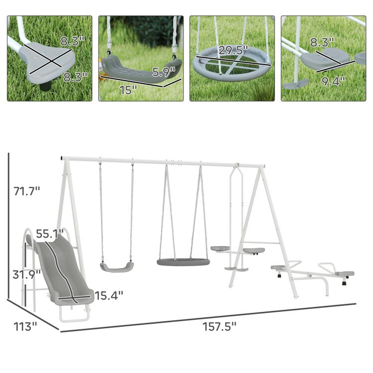 Kids swing set with slide and multiple swings, shown with size measurements