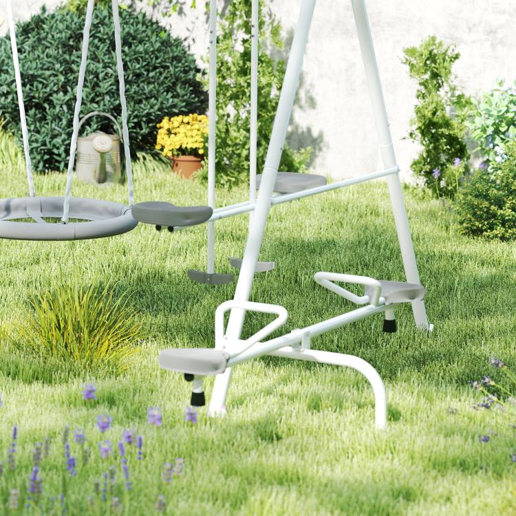 Kids glider seat and swing seats on white A-frame with gray cushions