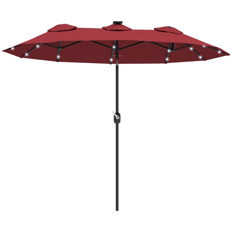 Wine red patio umbrella canopy with LED string lights and metal ribs over center pole