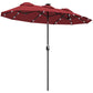 Wine red double-sided patio umbrella with LED lights, ribs, and tilt mechanism on pole