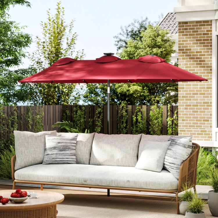 Wine red patio umbrella with open canopy and center pole, double-sided design
