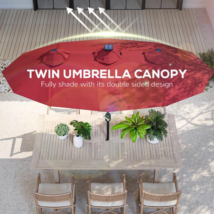 Wine red twin umbrella canopy with double-sided design and LED lights under shade