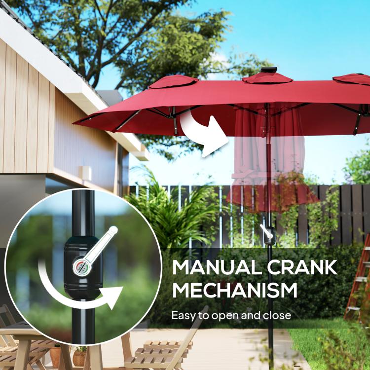 Wine red patio umbrella with manual crank mechanism for opening and closing
