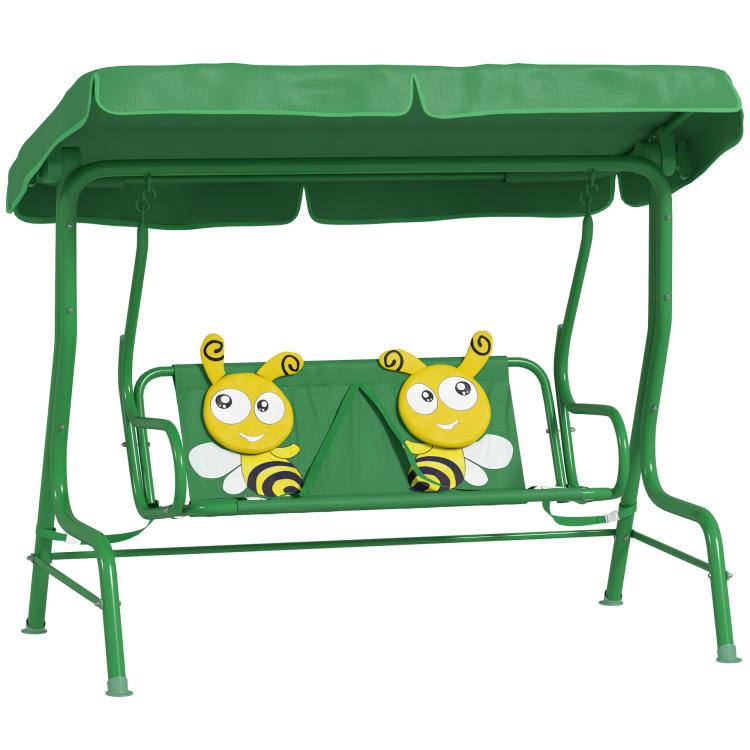 Kids patio swing chair with adjustable canopy, dark green frame and two-seat cushion with bugs print