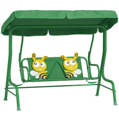 Kids patio swing chair with adjustable canopy, dark green frame and two-seat cushion with bugs print