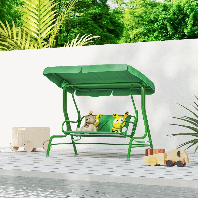 Kids patio swing chair with dark green canopy and bug-pattern seat