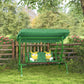 Dark green kids patio swing chair with adjustable canopy and two-seat cushion outdoors