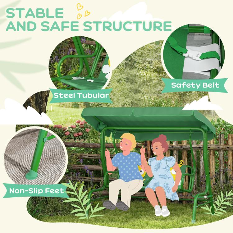Dark green kids patio swing chair with adjustable canopy, showing non-slip feet and safety belt