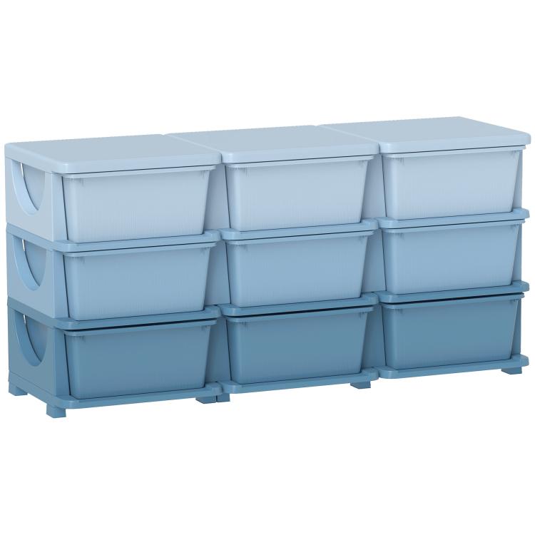 Blue 3-tier kids storage dresser tower with nine open-front drawers
