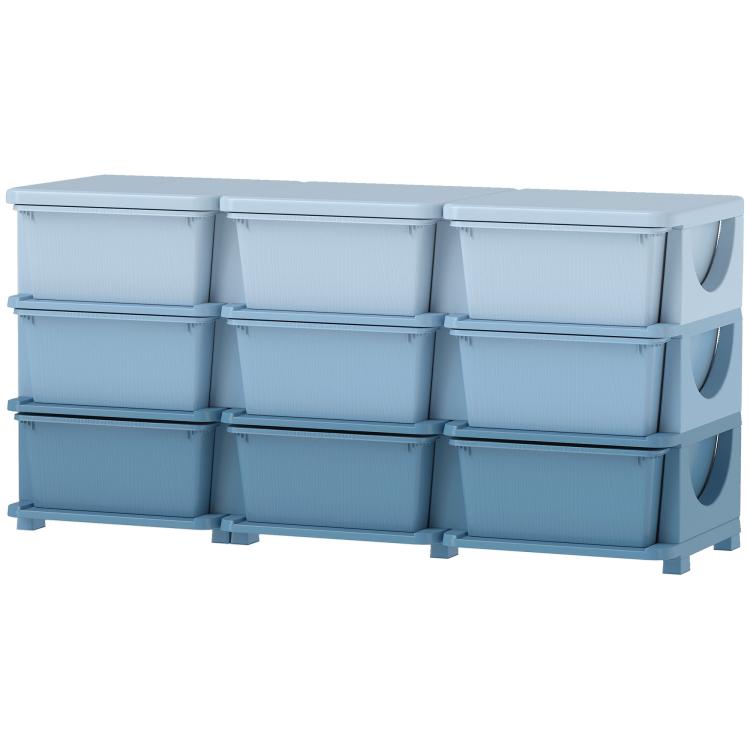 Light blue kids storage dresser tower with nine open bins and flat top