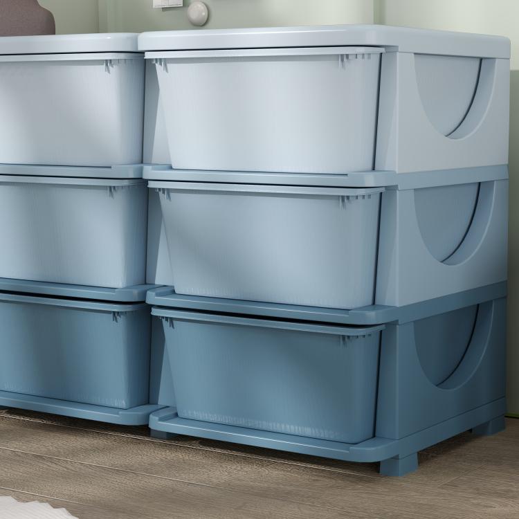 Blue kids 3-tier storage dresser with open-front drawers, 9 total