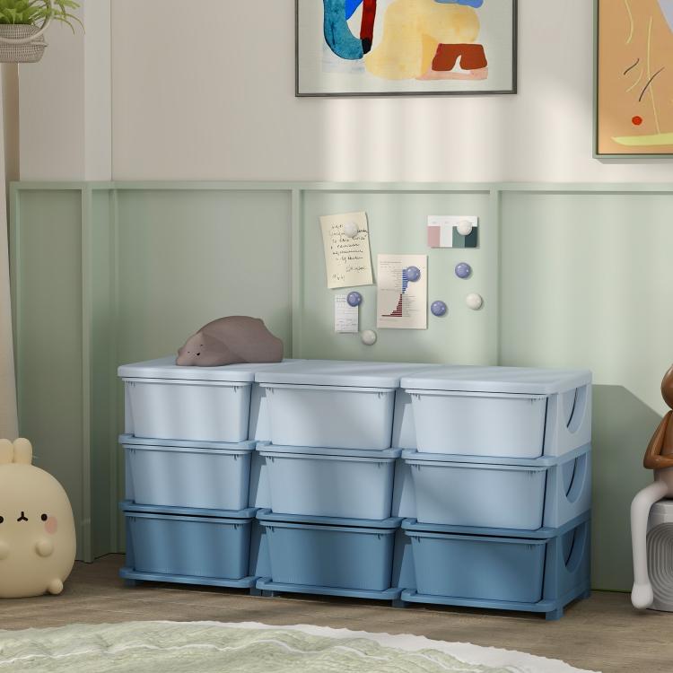 Light blue 3-tier storage unit with nine open-front drawers and curved handles