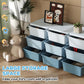 Kids storage dresser tower in light blue with nine open bins for toys and books