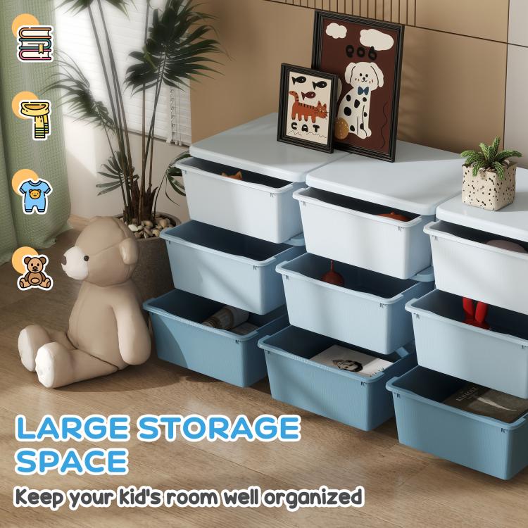 Kids storage dresser tower in light blue with nine open bins for toys and books