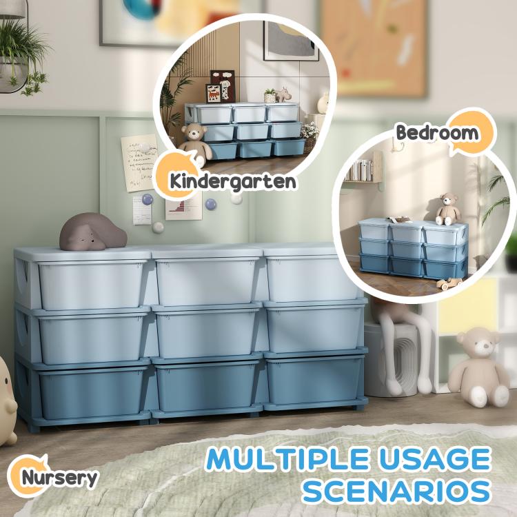 Light blue kids storage dresser with nine drawers, multi-room style storage bins