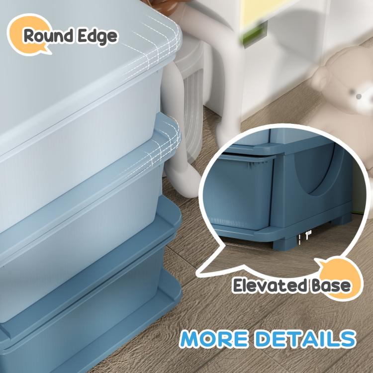 Blue storage dresser tower with rounded edges and elevated base for air flow
