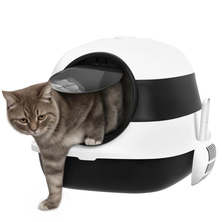 White and black dome covered cat litter box with lid, open circular entry