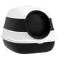White and black covered cat litter box with round door open and interior visible