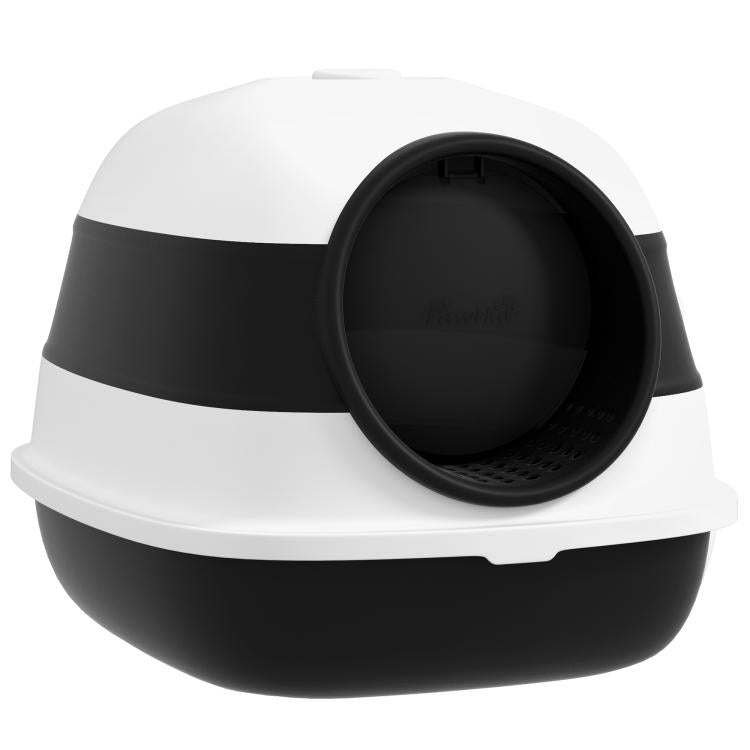 White and black covered cat litter box with round door open and interior visible