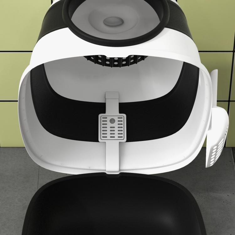 Covered cat litter box with white dome lid and black base, front latch and panel