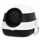 Dome covered cat litter box with hinged oval entrance, white top and black base