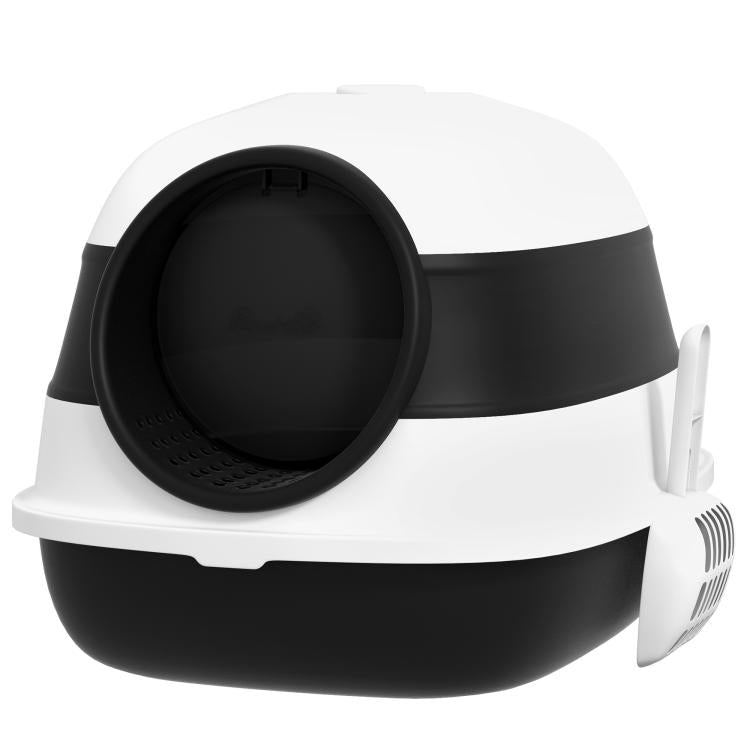 Dome covered cat litter box with hinged oval entrance, white top and black base
