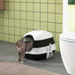 White and black covered cat litter box with open round door on side