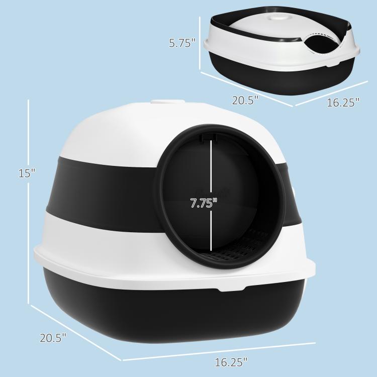 White and black dome covered cat litter box, round entrance door, compact shape