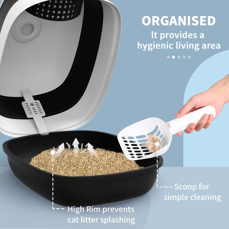 White and black covered cat litter box with open door and included litter scoop