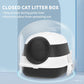 Closed white and black dome covered cat litter box with round front entrance