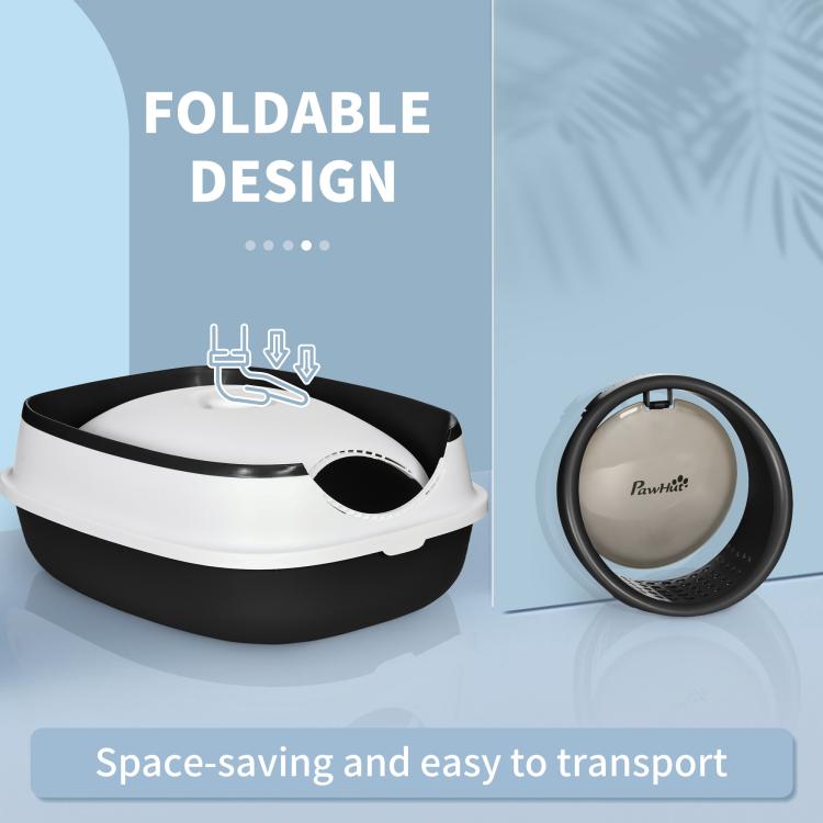 Foldable white and black covered cat litter box with round entrance door