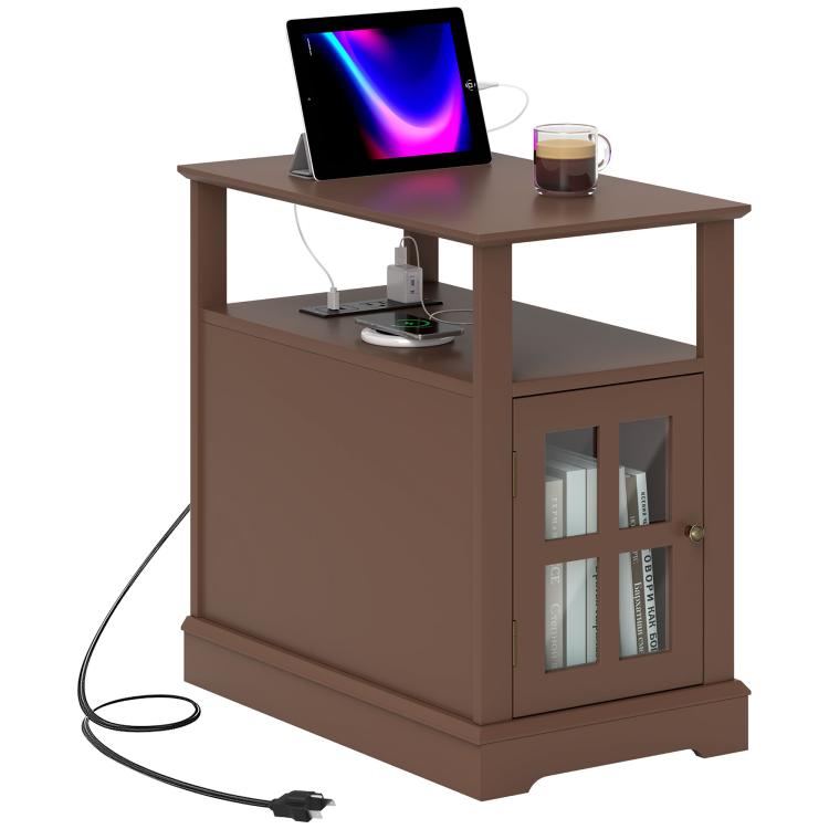 Brown narrow end table with open charging top and lower cabinet with glass doors