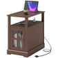 Brown narrow end table with charging ports on tabletop and two-tier storage cabinet