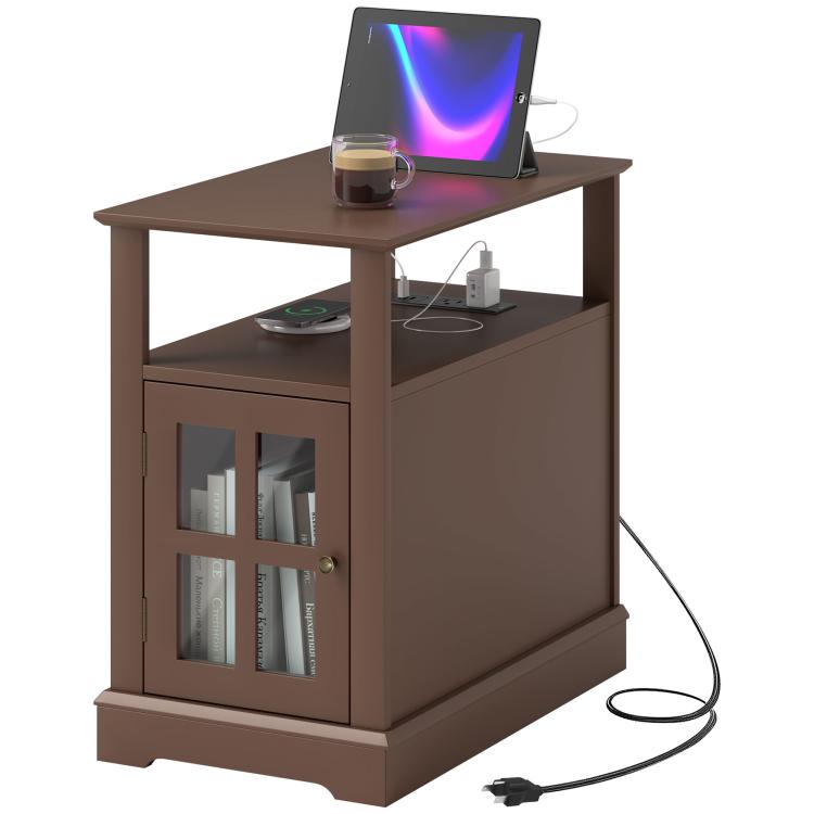Brown narrow end table with charging ports on tabletop and two-tier storage cabinet