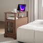 Brown narrow side table with open shelf, cabinet doors, and cable-ready charging area