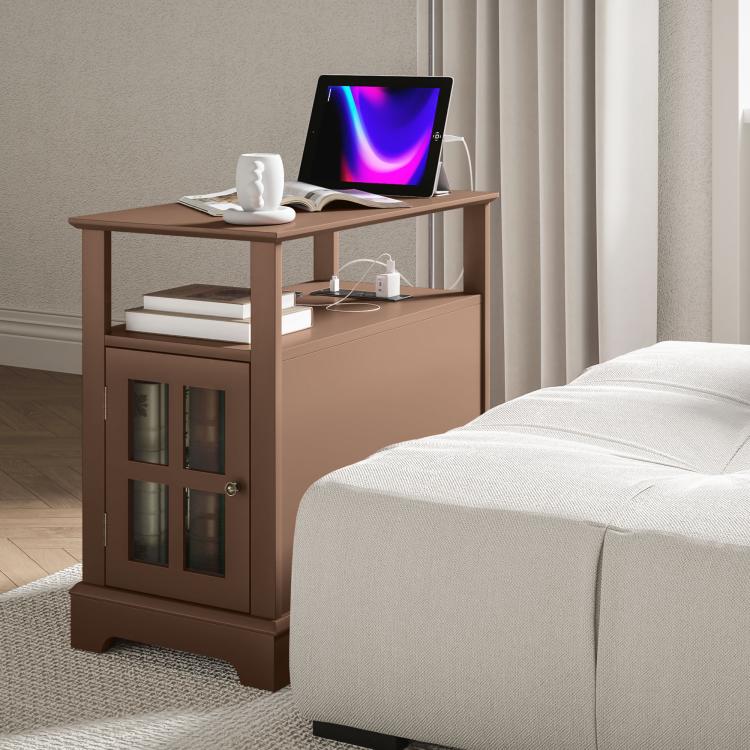 Brown narrow side table with open shelf, cabinet doors, and cable-ready charging area