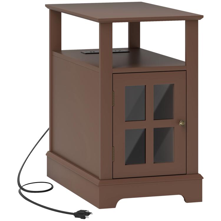 Brown narrow end table with open shelf, cabinet doors, and power cable connection